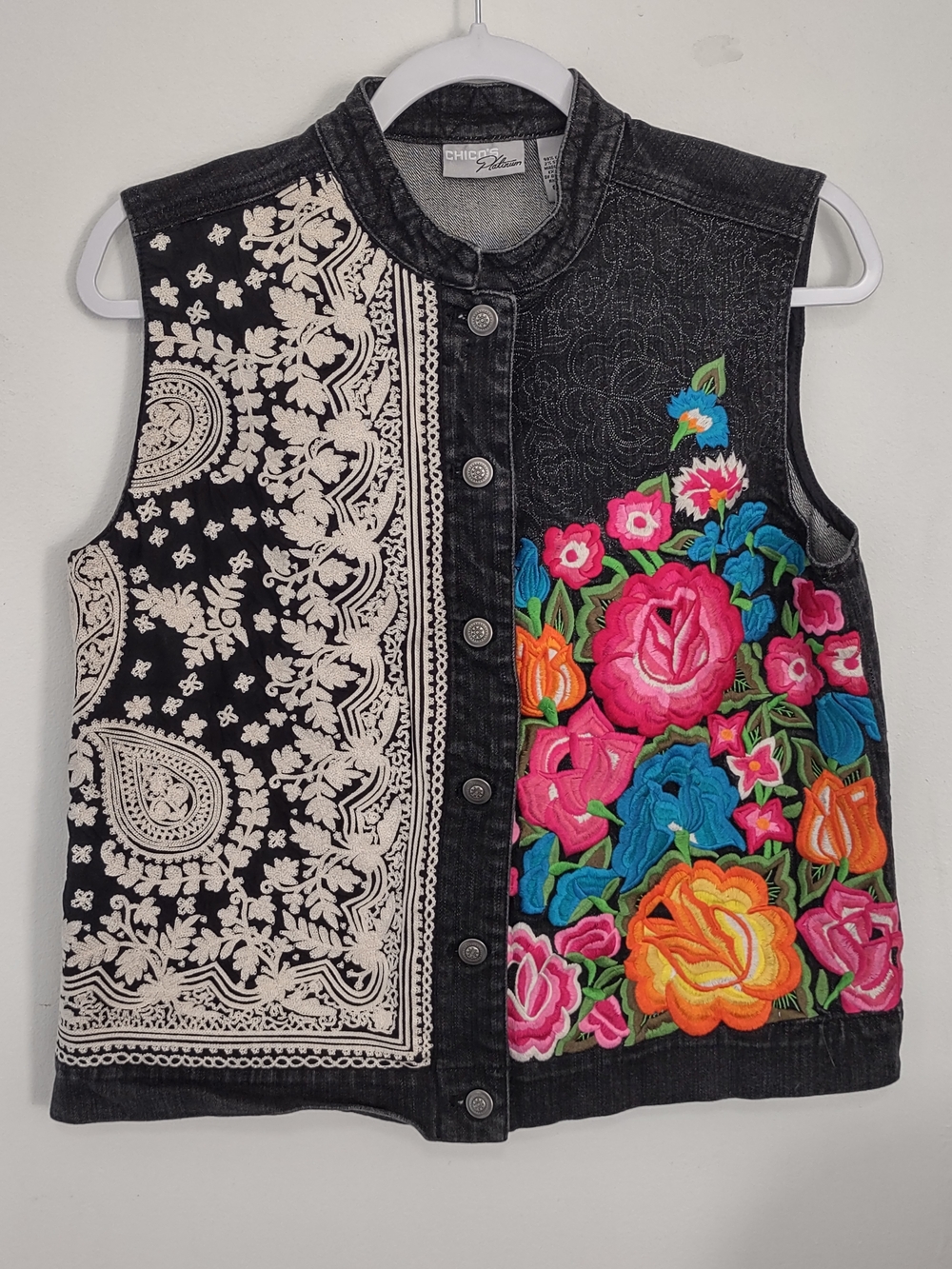 Chico's Patchwork Embroidered Floral Denim Vest Black w/ Bright Floral Size 1 M - Picture 1 of 7